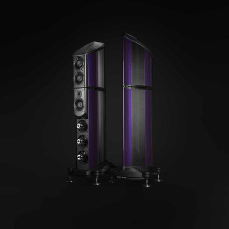 wilson Benesch Omnium Speakers in purple with a black background