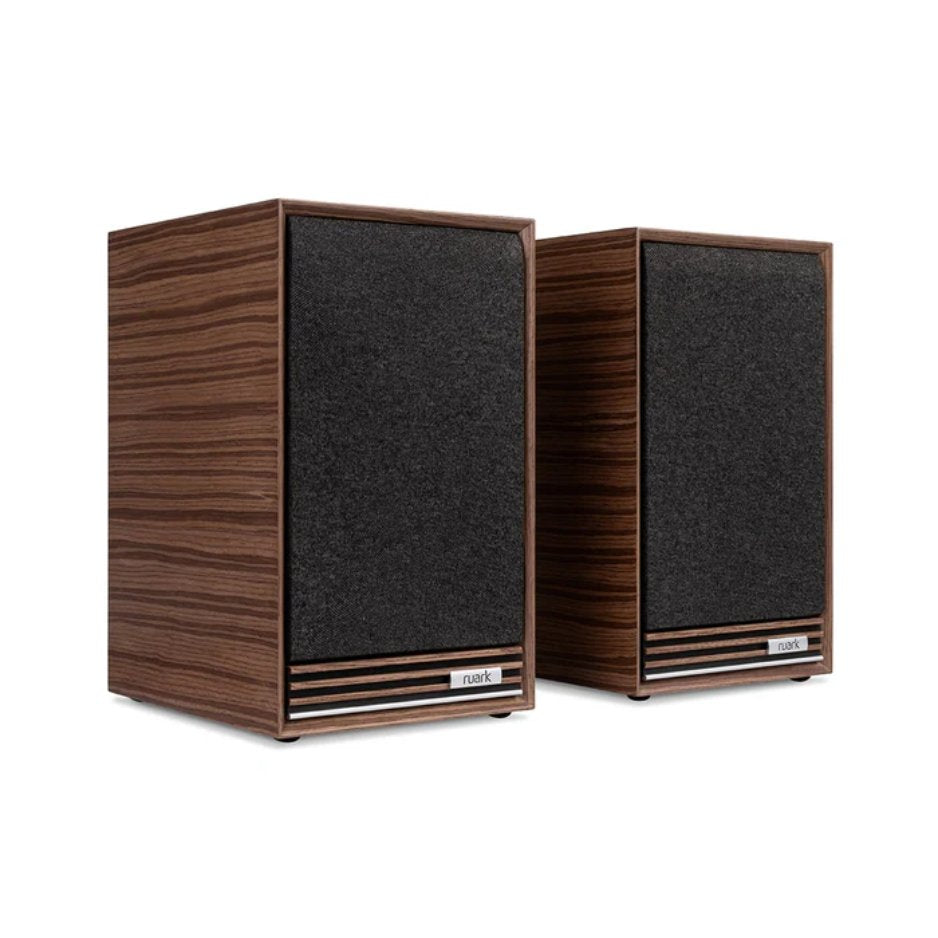 Ruark Audio Sabre-R Bookshelf Speakers in walnut and charcoal