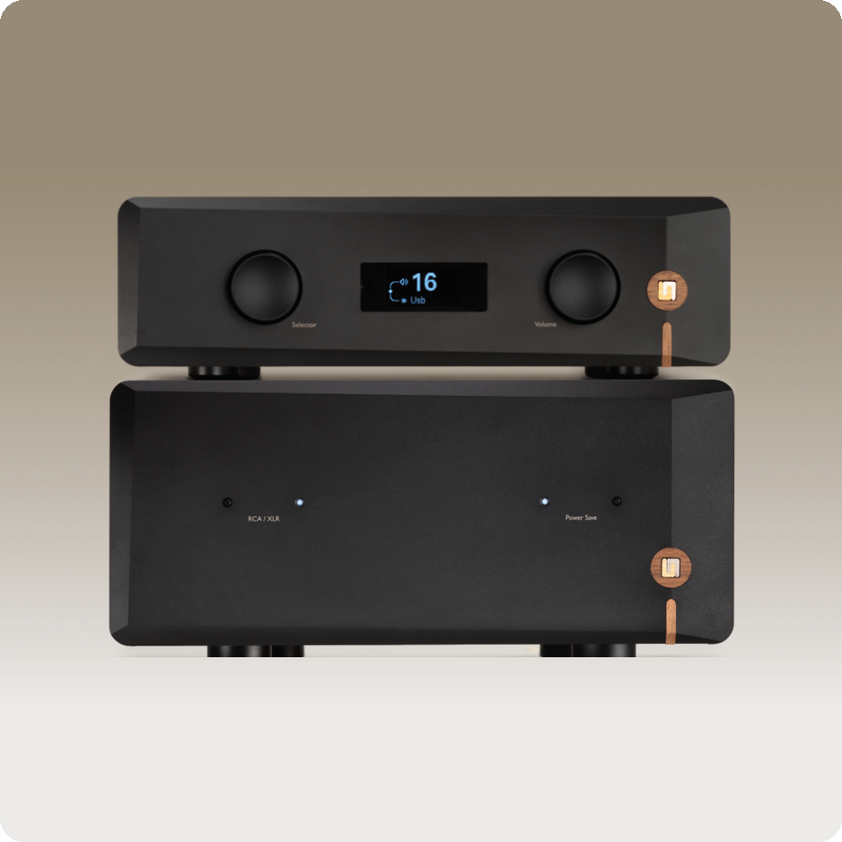 Unison Research Unico Pre V2 hybrid preamplifier stacked on Unico DM V2 power amplifier in Midnight Black finish