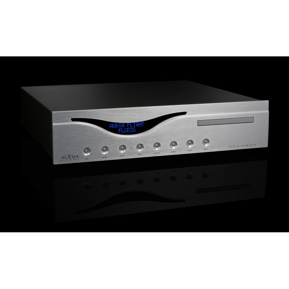Audia Flight CD Three S CD Player front view silver finish with OLED display