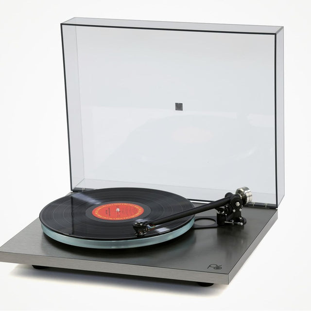 Rega Planar 6 RS AFC Turntable, Brushed Aluminum, three-quarter view with the dustcover open and a record on the glass platter