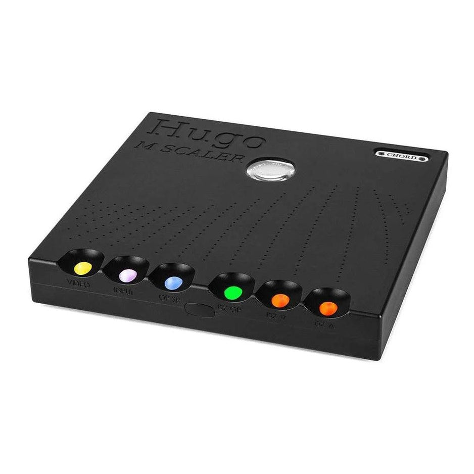 Chord Electronics Hugo M Scaler in Black, three-quarter angle showing front panel controls and branding
