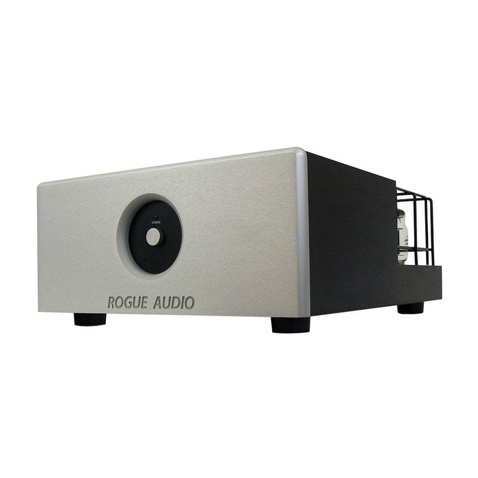 Rogue Audio M-180 monoblock silver three-quarter front view