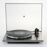 Rega Planar 6 RS AFC Turntable, Brushed Aluminum, front view with the dustcover open and the RB880 tonearm at rest