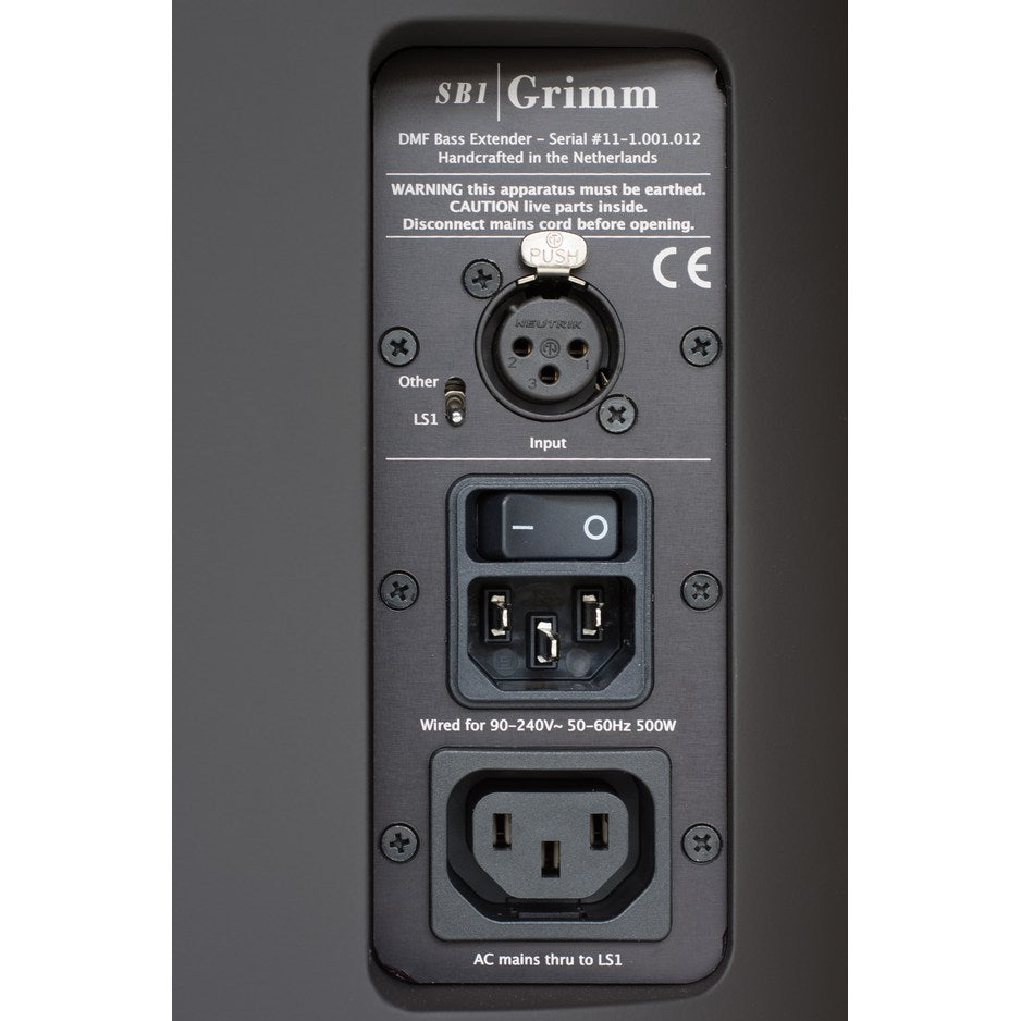 Grimm Audio SB1 rear panel showing XLR input LS1 switch and IEC connections