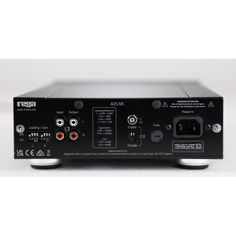 Rega AOS MC Phono Stage rear panel with RCA inputs, loading switches and gain settings
