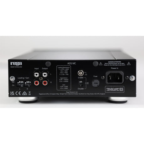 Rega AOS MC Phono Stage rear panel with RCA inputs, loading switches and gain settings
