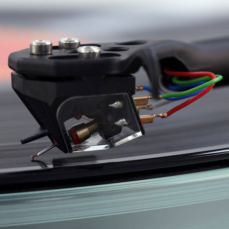 Rega Planar 6 RS AFC Turntable, Brushed Aluminum, Ania moving coil cartridge close-up showing the colored coil lead tags