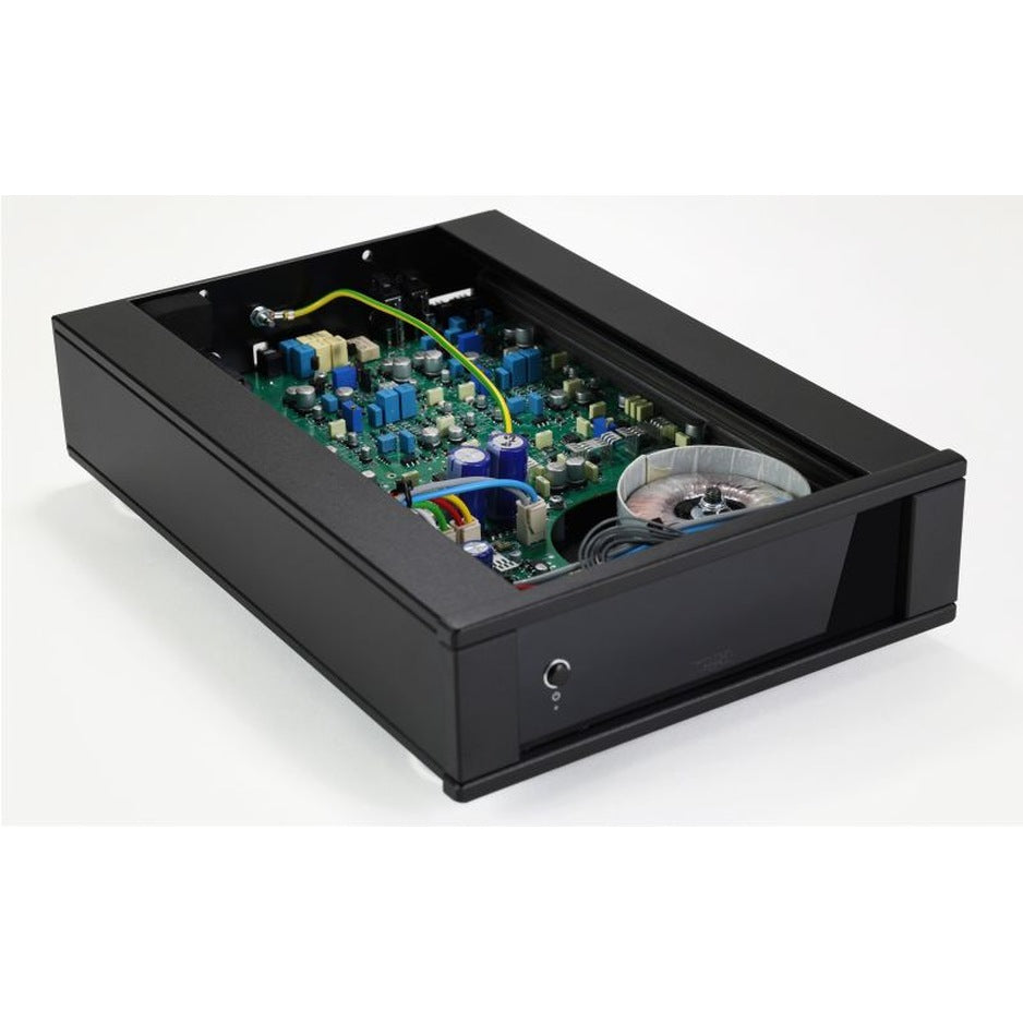 Rega AOS MC Phono Stage internal view showing circuit board and toroidal transformer