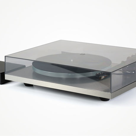 Rega Planar 6 RS AFC Turntable, Brushed Aluminum, low three-quarter view with the smoked dustcover closed