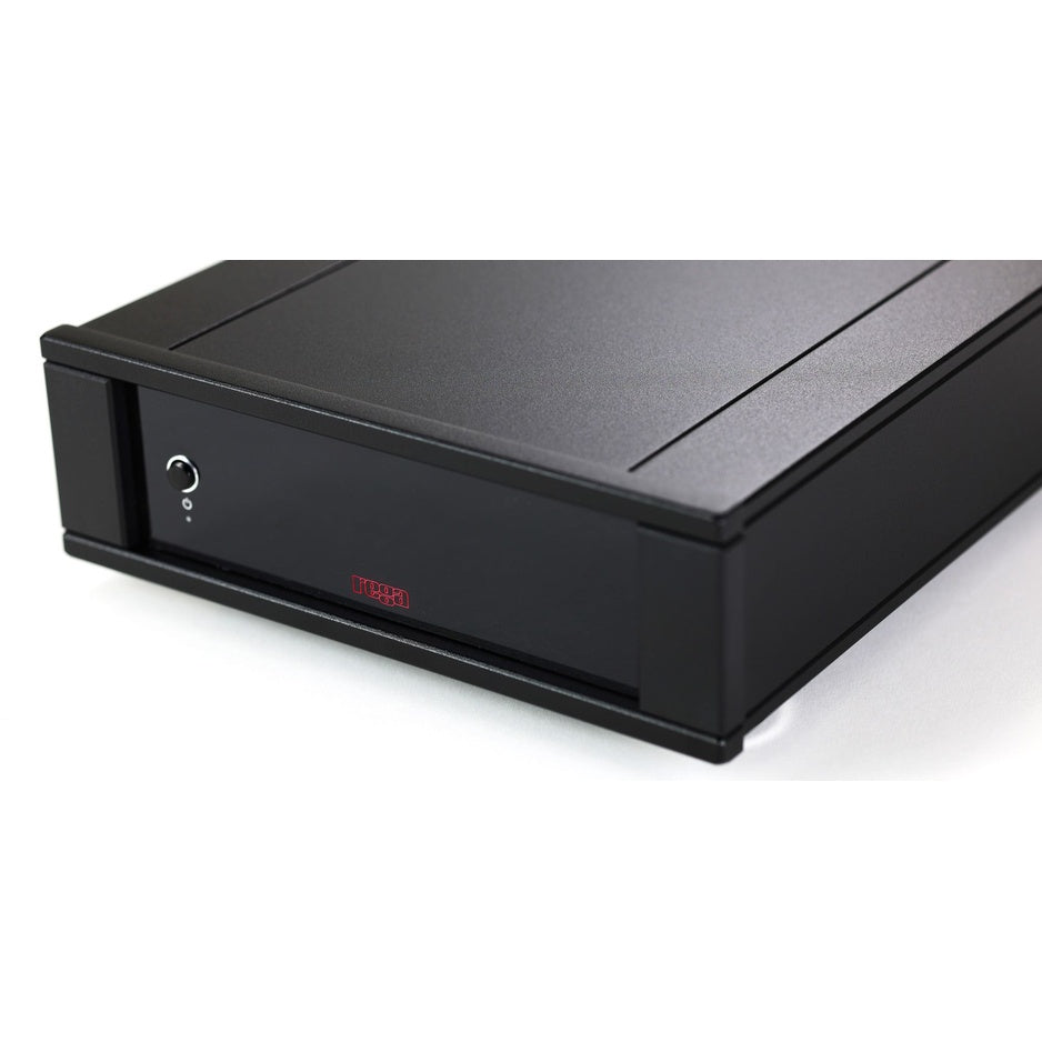 Rega AOS MC Phono Stage close-up angle showing aluminium case and Rega logo