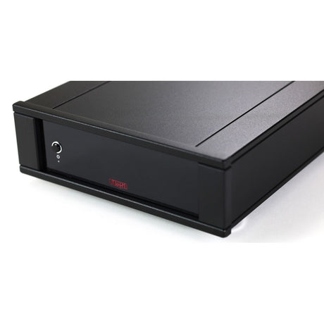 Rega AOS MC Phono Stage close-up angle showing aluminium case and Rega logo