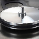 Rega Planar 6 RS AFC Turntable, Brushed Aluminum, aluminum sub-platter and bearing spindle close-up with the twin drive belts