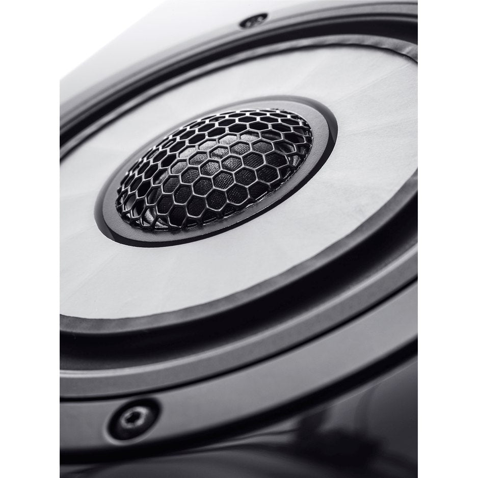 Vienna Acoustics Liszt Reference coincident driver extreme closeup showing ring dome tweeter and Flat Spider Cone