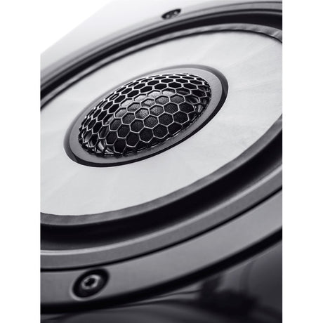 Vienna Acoustics Liszt Reference coincident driver extreme closeup showing ring dome tweeter and Flat Spider Cone