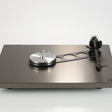 Rega Planar 6 RS AFC Turntable, Brushed Aluminum, top view with the glass platter removed showing the Double Brace and RB880 tonearm