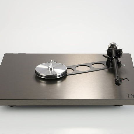 Rega Planar 6 RS AFC Turntable, Brushed Aluminum, top view with the glass platter removed showing the Double Brace and RB880 tonearm