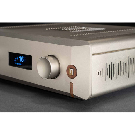 Unison Research Unico Pre V2 detail of volume knob and wood inlay in Velvet Gold