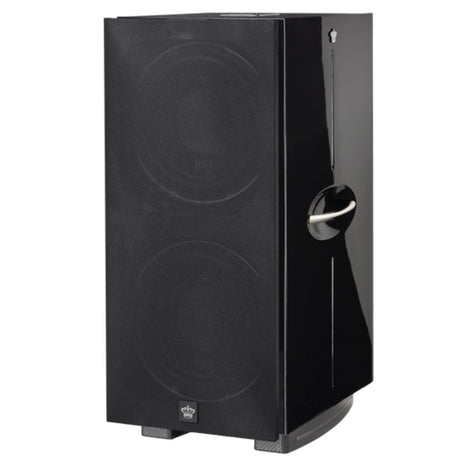 REL 212 Black Label Subwoofer front perspective with cloth