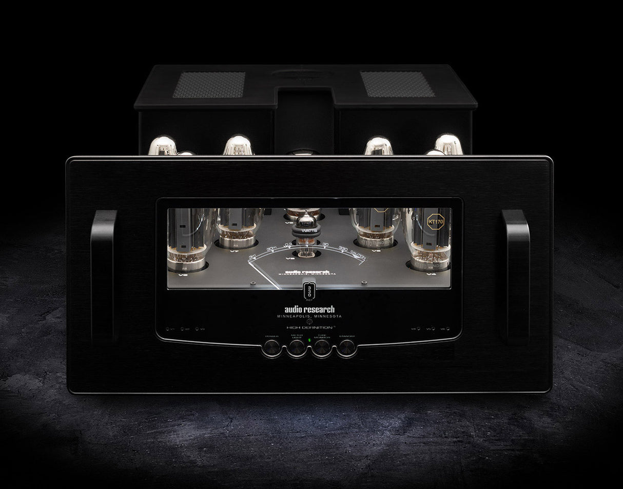 Audio Research Reference 330M Monoblock Amplifier Black full view of amp with gray and black background