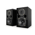Acoustic Energy AE1 40th Anniversary Edition Bookshelf Speakers, High Gloss Black, grilles removed showing drivers and twin front ports