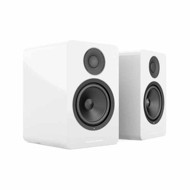 Acoustic Energy AE1 Active Bookshelf Speakers, Piano White, front three-quarter view, grilles removed