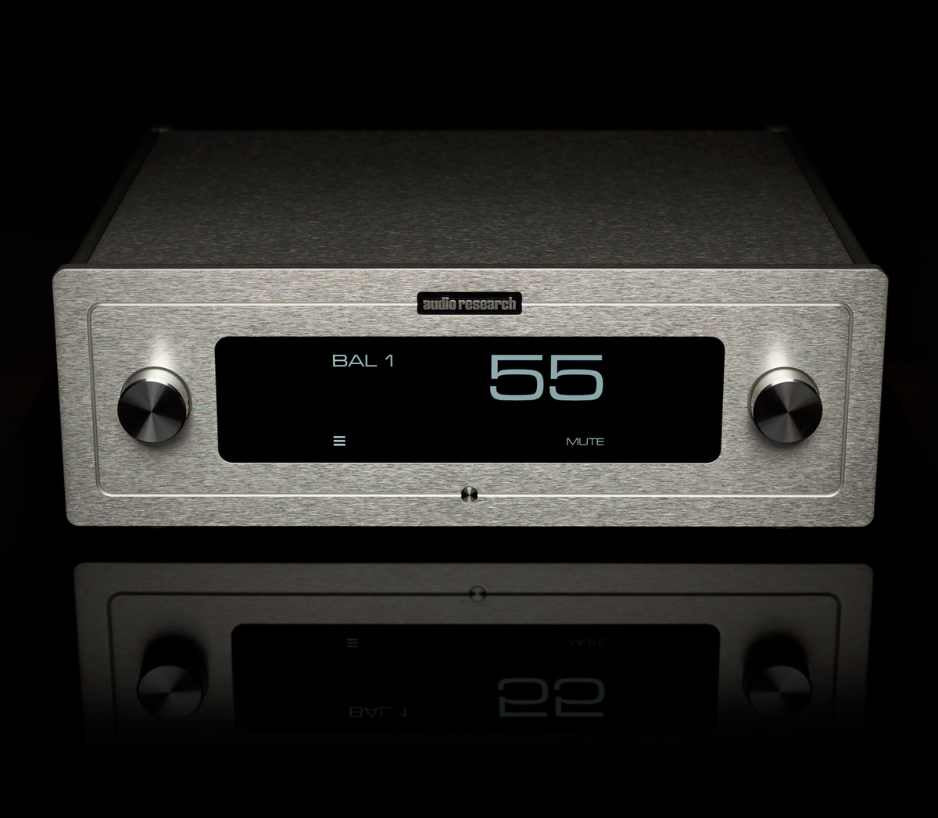 Audio Research LS-2 Preamplifier Front View with touchscreen and reflection on black bg