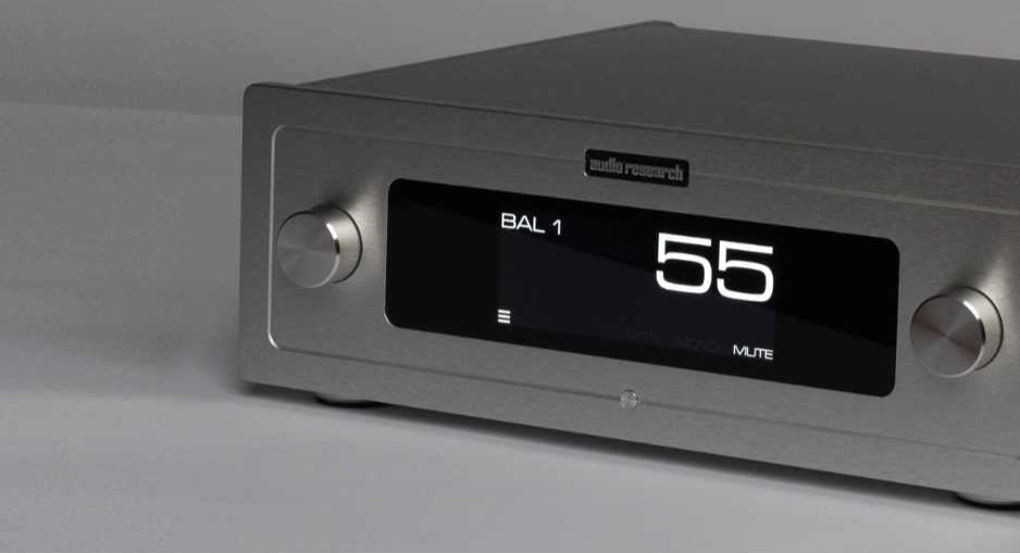 Audio Research LS-2 Preamplifier silver diagonal sitting grey bg
