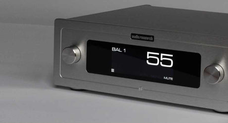 Audio Research LS-2 Preamplifier silver diagonal sitting grey bg