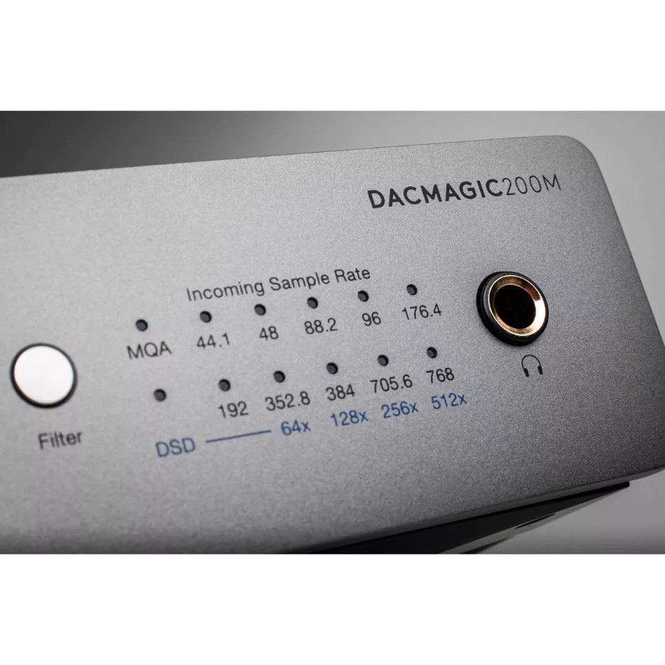 Cambridge Audio DacMagic 200M DAC and Headphone Amplifier (Open Box), Lunar Grey, sample rate indicators and headphone jack close-up