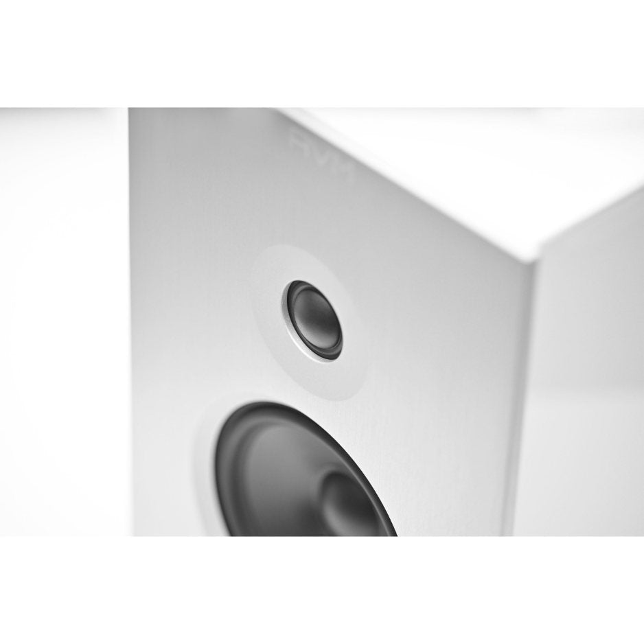 AVM Audition CB 2.3 Bookshelf Speakers (Pair), Gloss White with silver front, tweeter and woofer close-up, angled