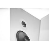 AVM Audition CB 2.3 Bookshelf Speakers (Pair), Gloss White with silver front, tweeter and woofer close-up, angled