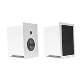 AVM Audition CB 2.3 Bookshelf Speakers (Pair), Gloss White with silver front, angled pair with one grille fitted