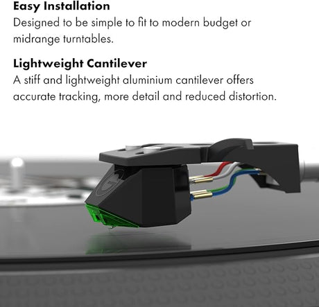 Goldring E2 cartridge side view installed with information