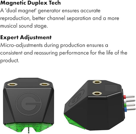 Goldring E2 cartridge front and side view with information text on image