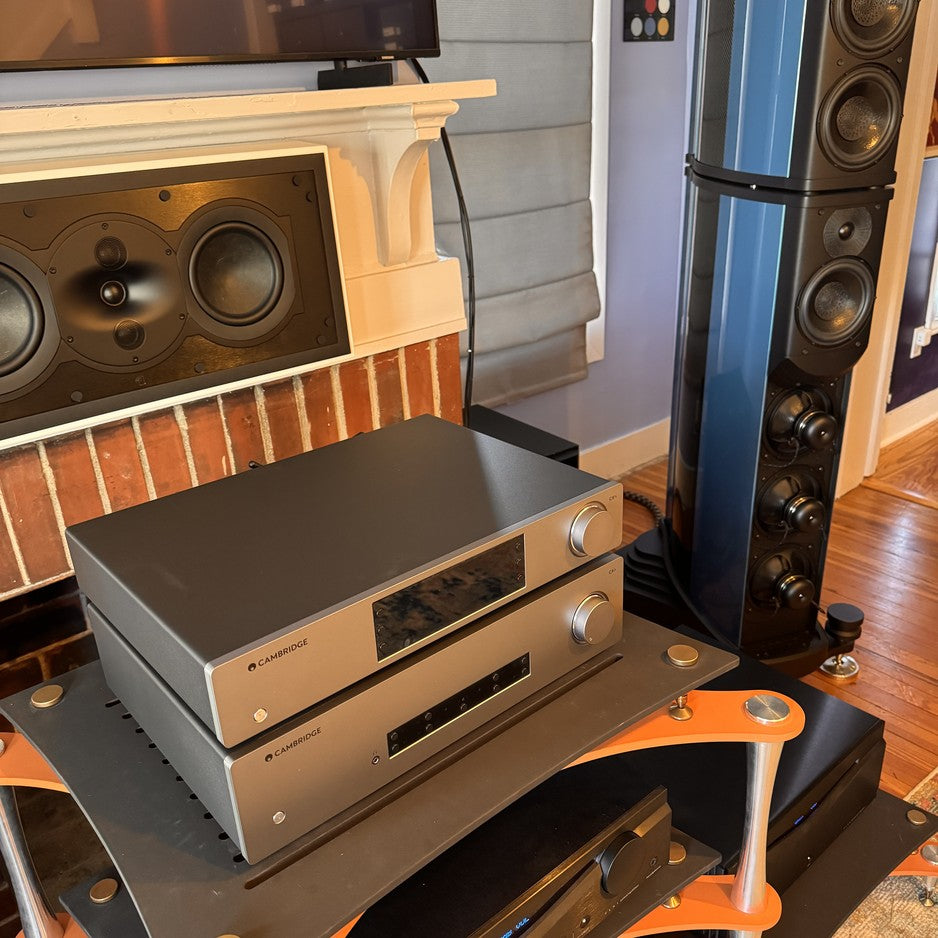 Cambridge Audio CXN100 and CXA81 stacked on rack at The Listening Room showroom