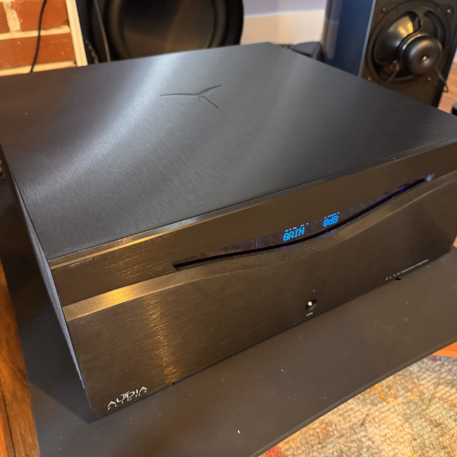 Audia Flight FLS 8 monoblock amplifier three-quarter view showing heatsink design at The Listening Room