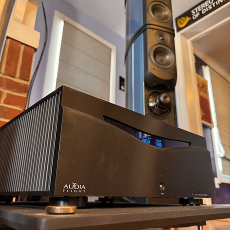 Audia Flight FLS 8 monoblock amplifier three-quarter view showing heatsink design at The Listening Room