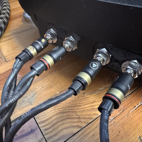 ViaBlue SC-6 Air speaker cables with bi-wire terminations connected to Wilson Benesch binding posts