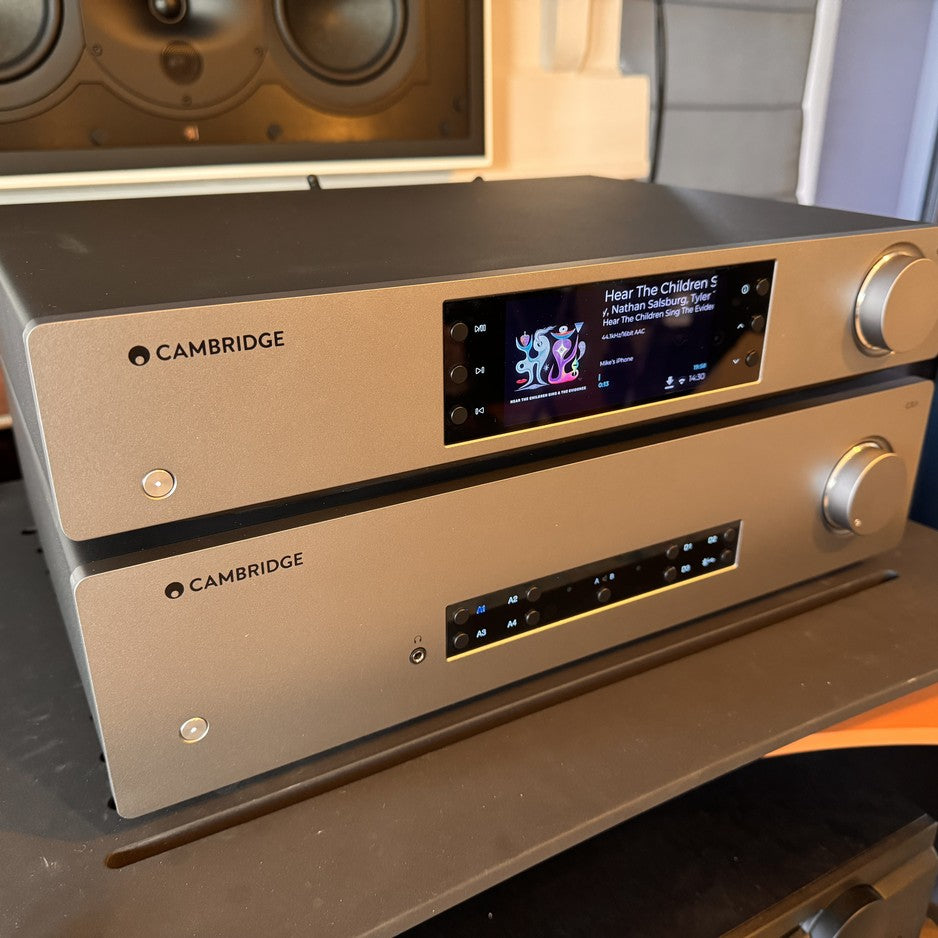 Cambridge Audio CXN100 and CXA81 close-up showing right side controls and labels