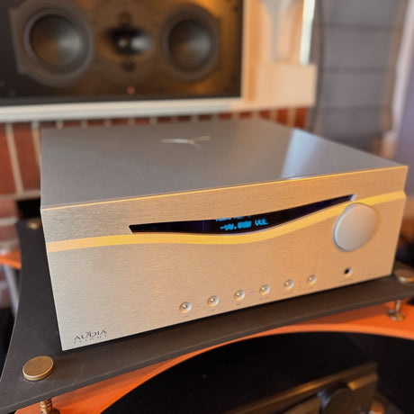 Audia Flight FLS 10 top-down view showing bird logo on chassis and full faceplate