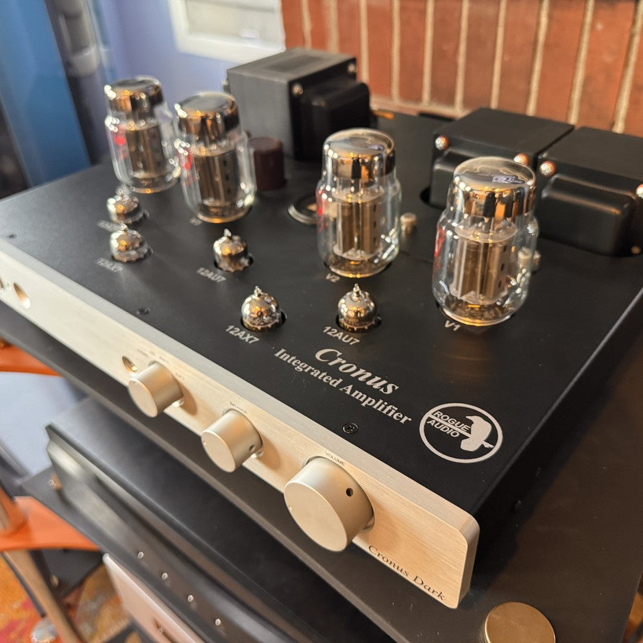 Rogue Audio Cronus Magnum III tube integrated amplifier front elevated view showing all tubes at The Listening Room