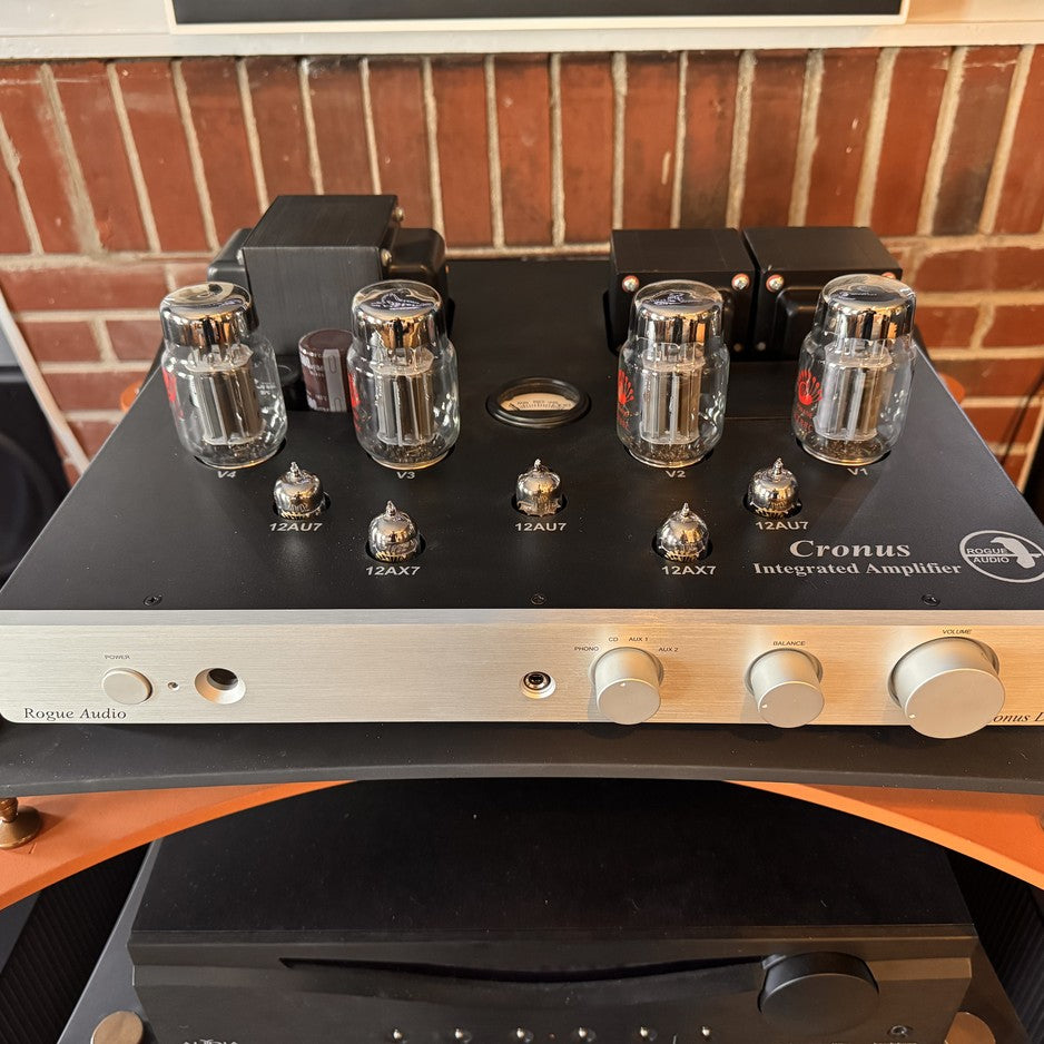 Rogue Audio Cronus Magnum III top-down view showing KT120 power tubes, 12AX7 and 12AU7 preamp tubes