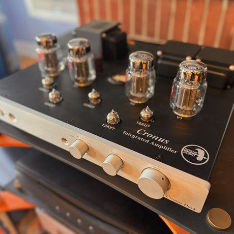 Rogue Audio Cronus Magnum III KT120 and 12AU7 tube close-up showing tube labels and capacitors