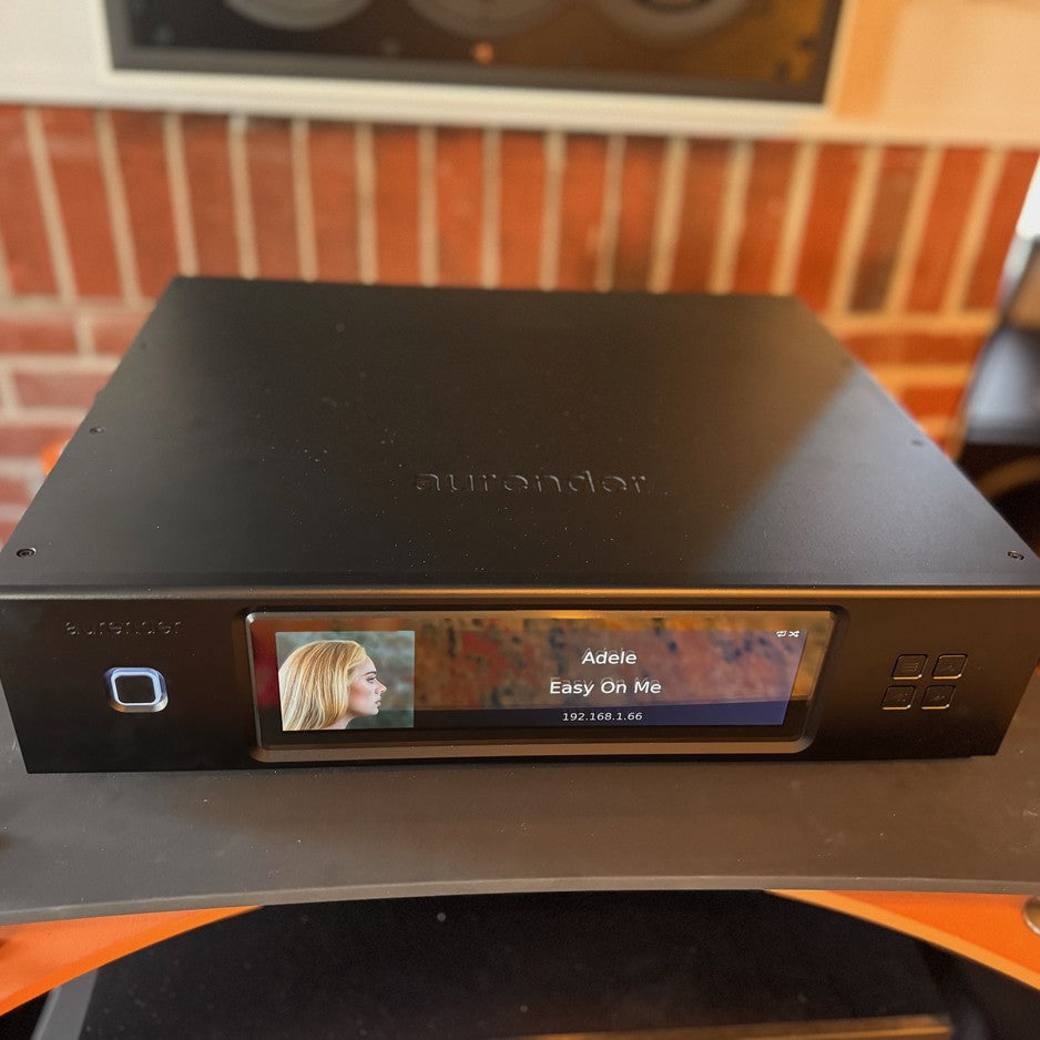 Aurender N20 front view with display lit showing track information