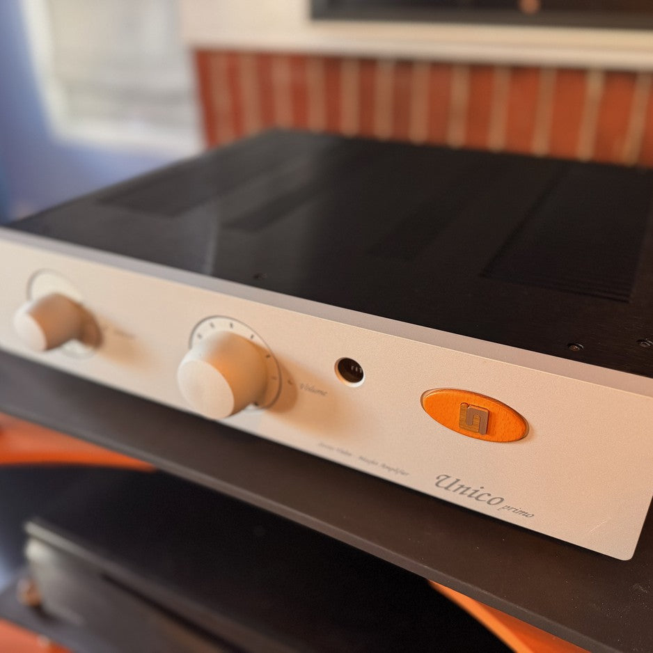 Unison Research Unico Primo three-quarter view showing brushed aluminum faceplate at The Listening Room