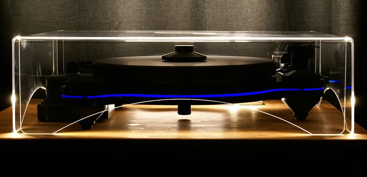 Oracle Audio Origine Mk2 Turntable Neon Blue detail showing transparent acrylic plinth and bearing