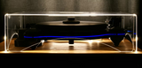 Oracle Audio Origine Mk2 Turntable Neon Blue detail showing transparent acrylic plinth and bearing