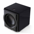 Perlisten D12s Subwoofer, High Gloss Piano Black, three-quarter front view with grille removed