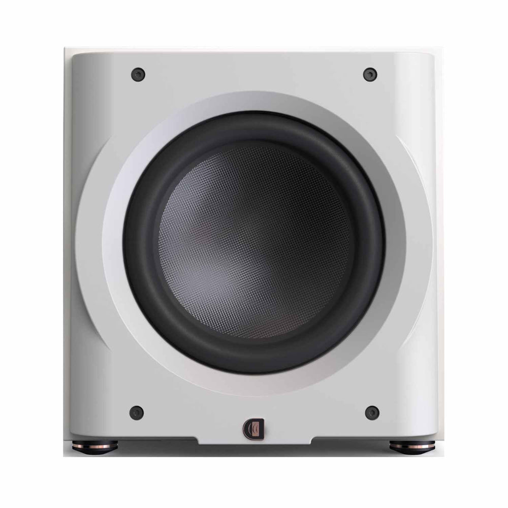 Perlisten D12S subwoofer front view in high gloss white